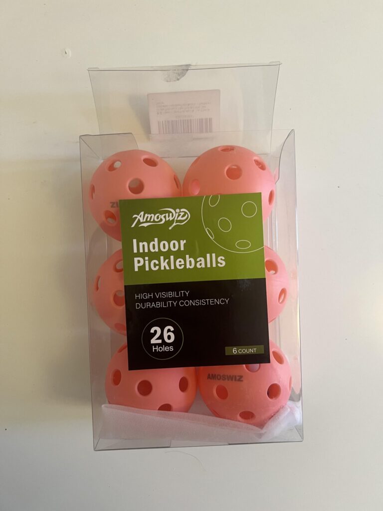 Six pink AMOSWIZ 26-hole indoor pickleballs in the original package