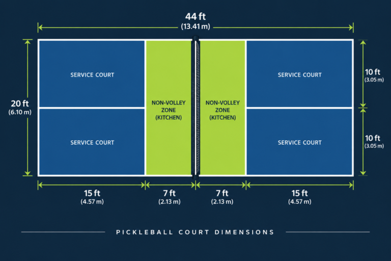 Pickleball court dimensions diagram showing court size, service courts, and non-volley zone