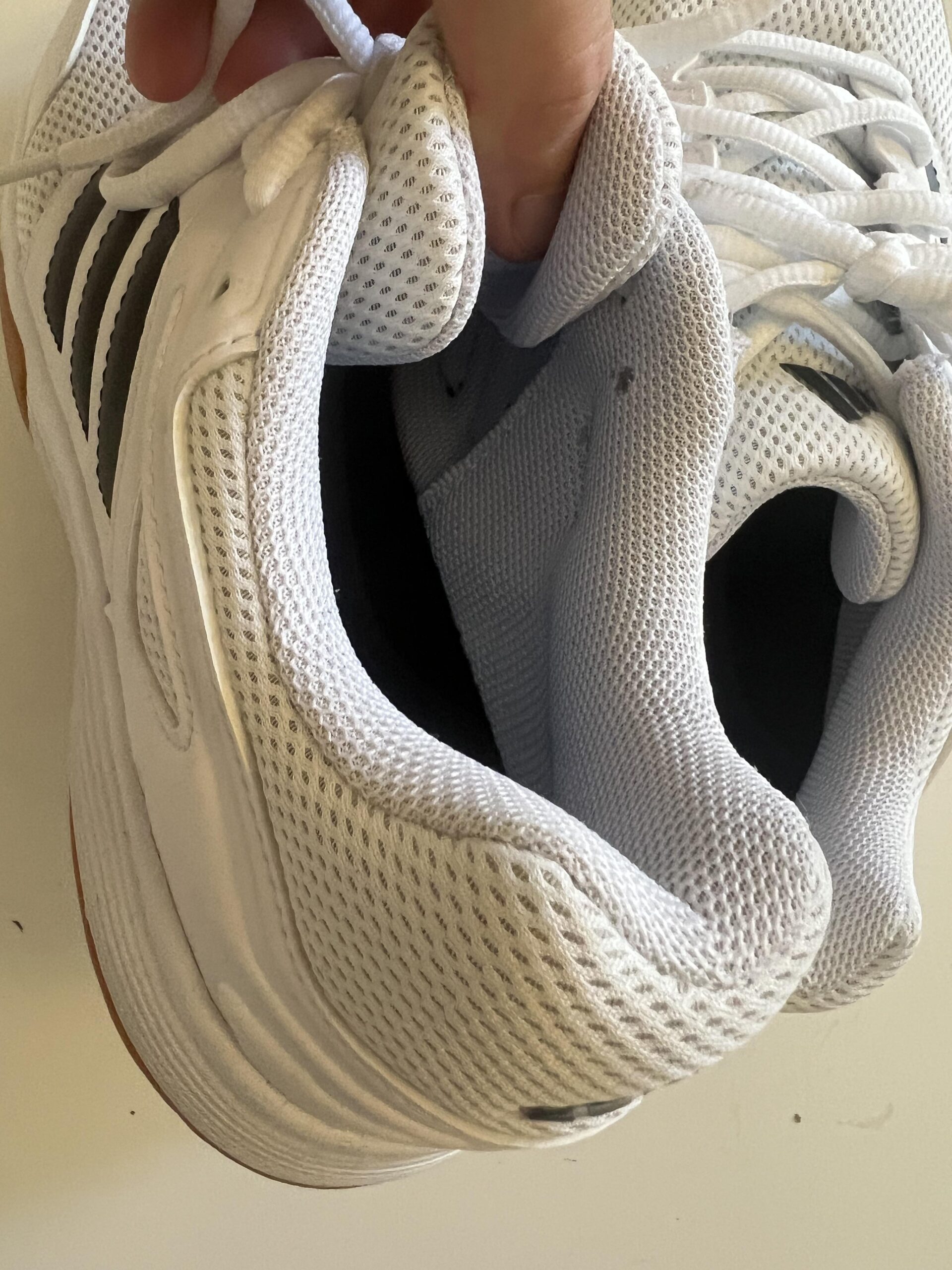 Close-up of the heel and padded collar on white and black adidas Speedcourt indoor shoes with gum outsole