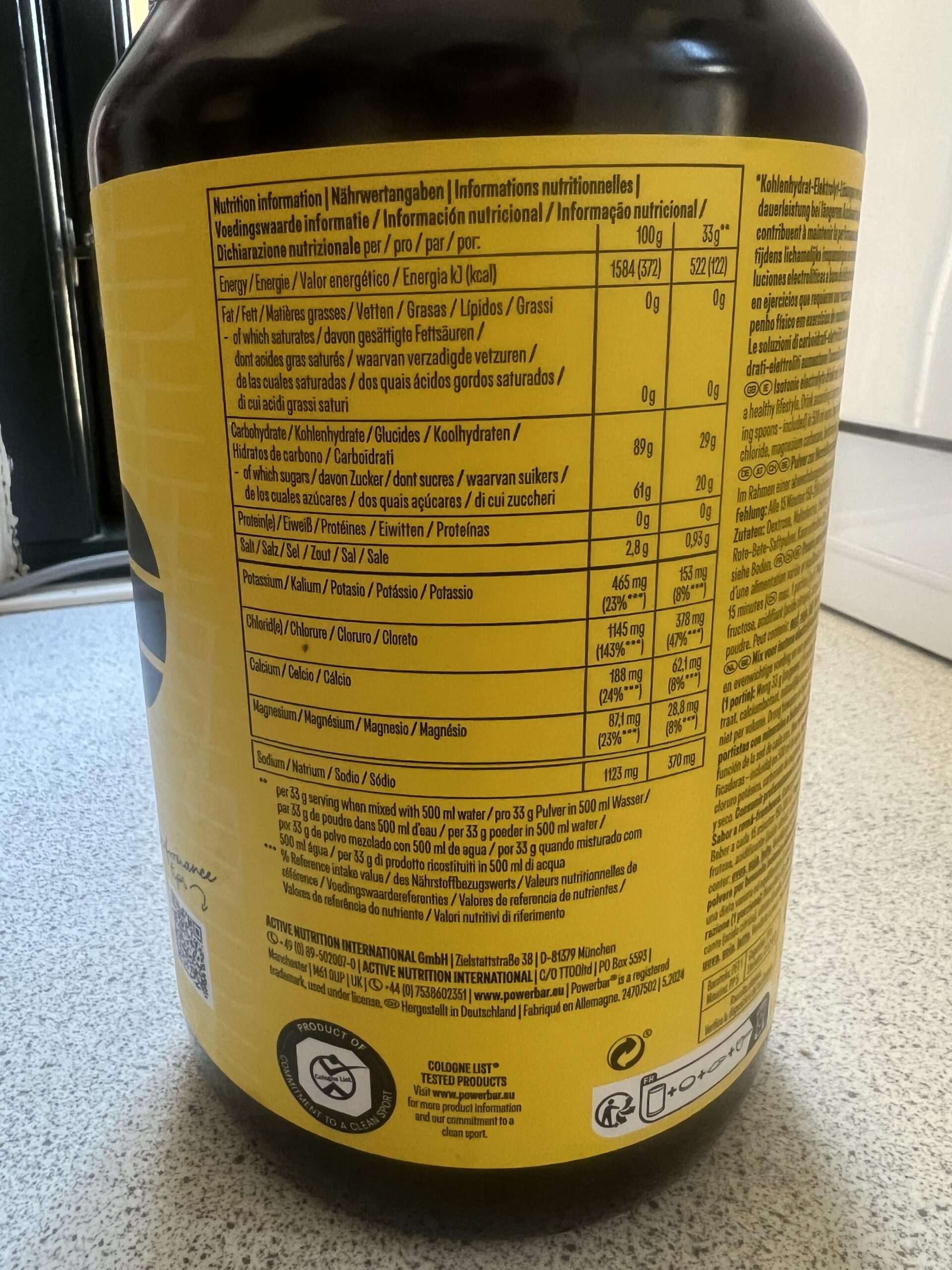 Nutrition label on my PowerBar Isoactive Red Fruit 1320g container